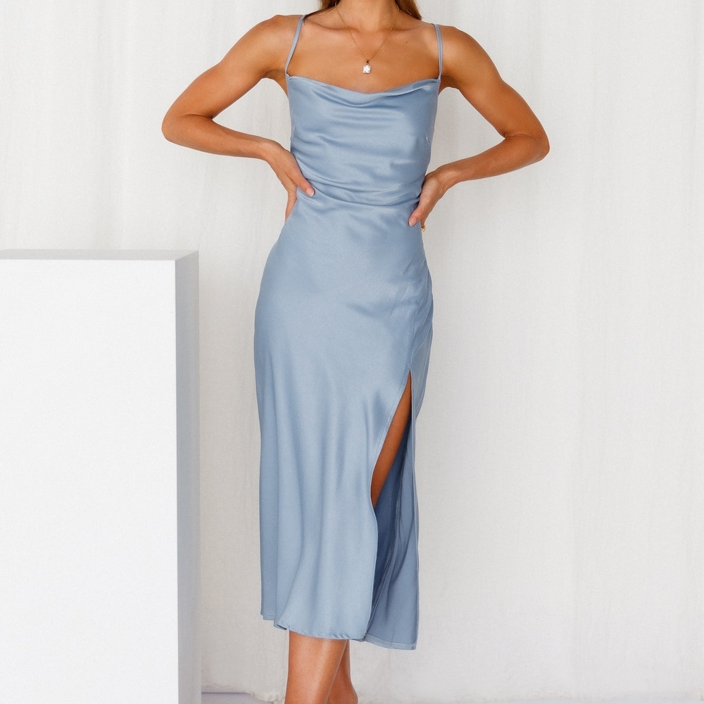 HelloMolly Drinks On Me Midi Dress Blue Elegant Blue Satin Slip Dress Bridesmaid